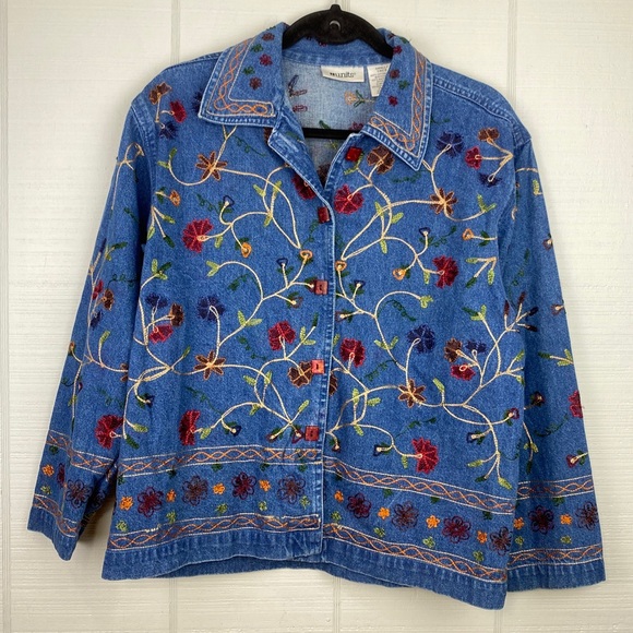Units Blue Denim Jacket Multicolor Floral Embroidery Button Up Size Small - Picture 1 of 6